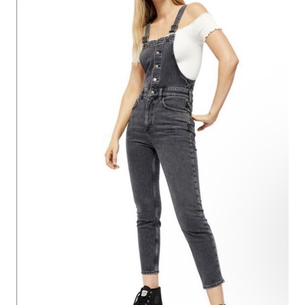 Free People We The Free Shelby Denim Overalls Black Sz 29 Button Front Cropped
